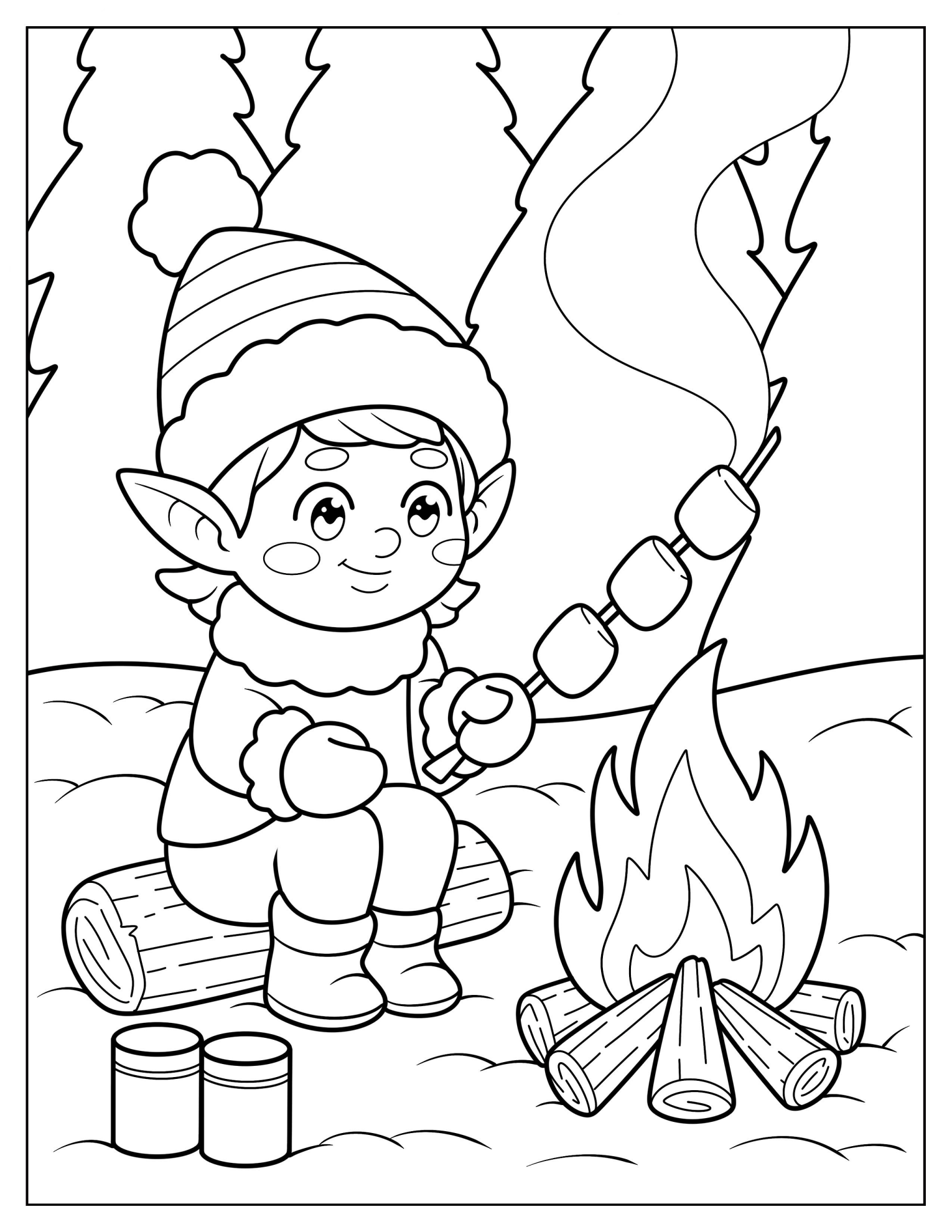 Elf Roasting Marshmallows By A Campfire In The Snow Coloring Page For Kids