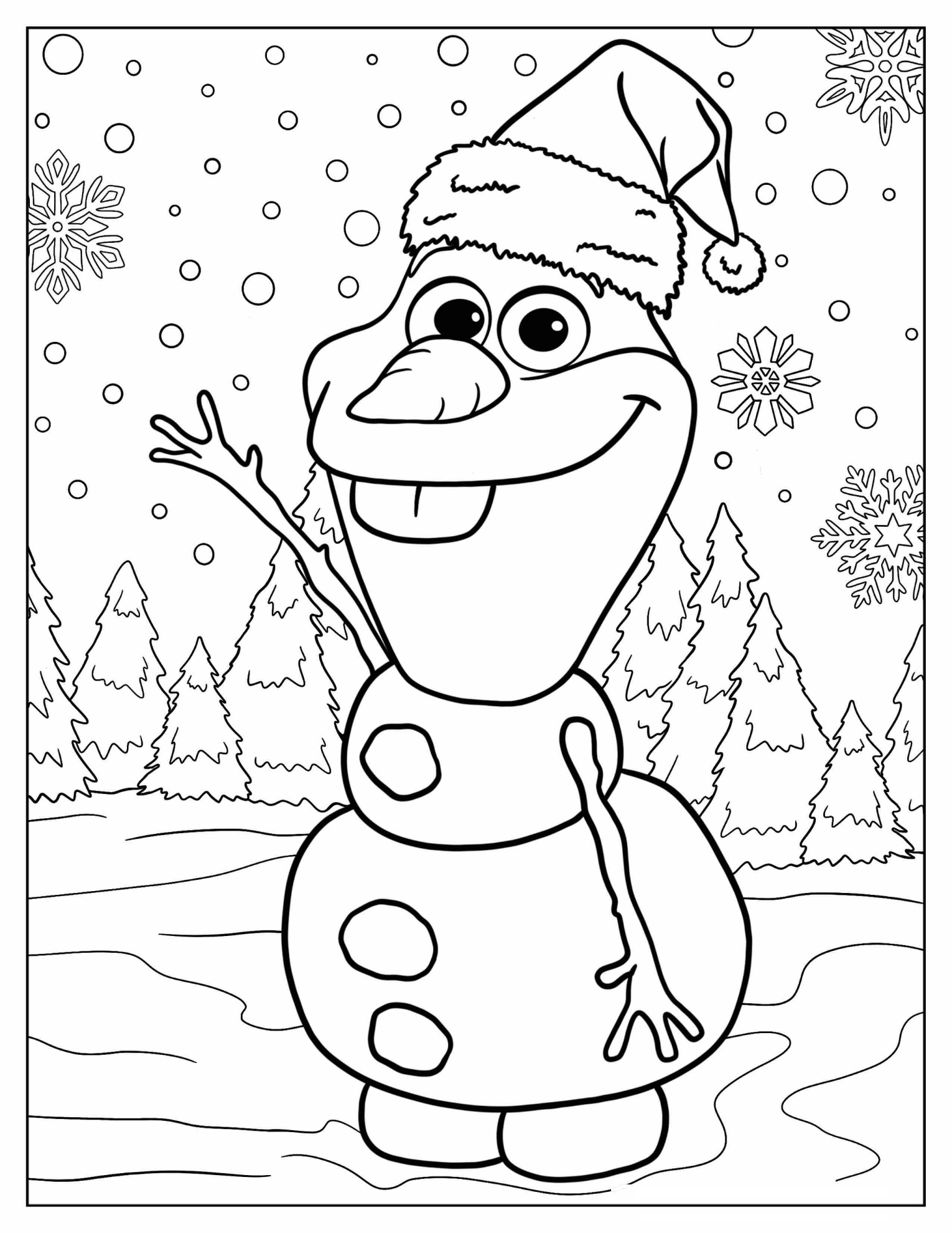 Cute Olaf Waving In Snowy Christmas Landscape Coloring Page