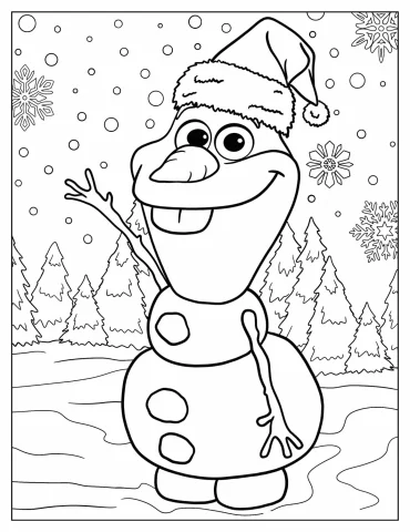 Cute Olaf Waving In Snowy Christmas Landscape Coloring Page