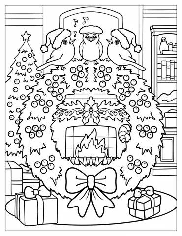 Large Christmas Wreath Over A Fireplace Coloring Sheet