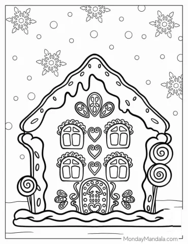 Gingerbread House With Snow Flakes To Color