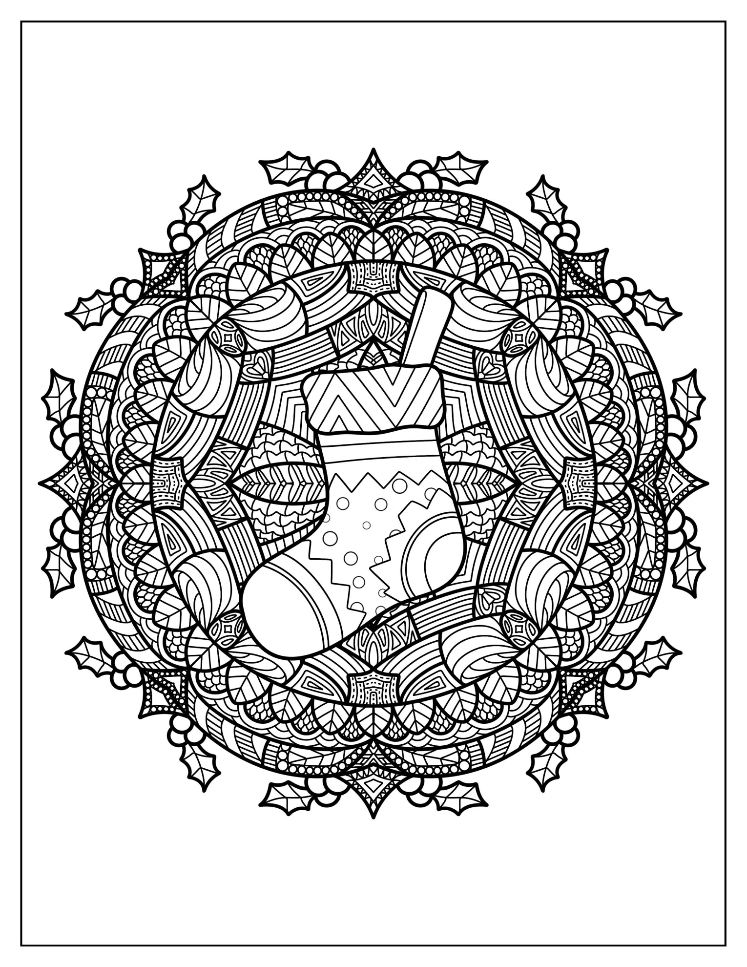 Intricate Christmas Stocking Mandala With Mistletoes Coloring Sheet