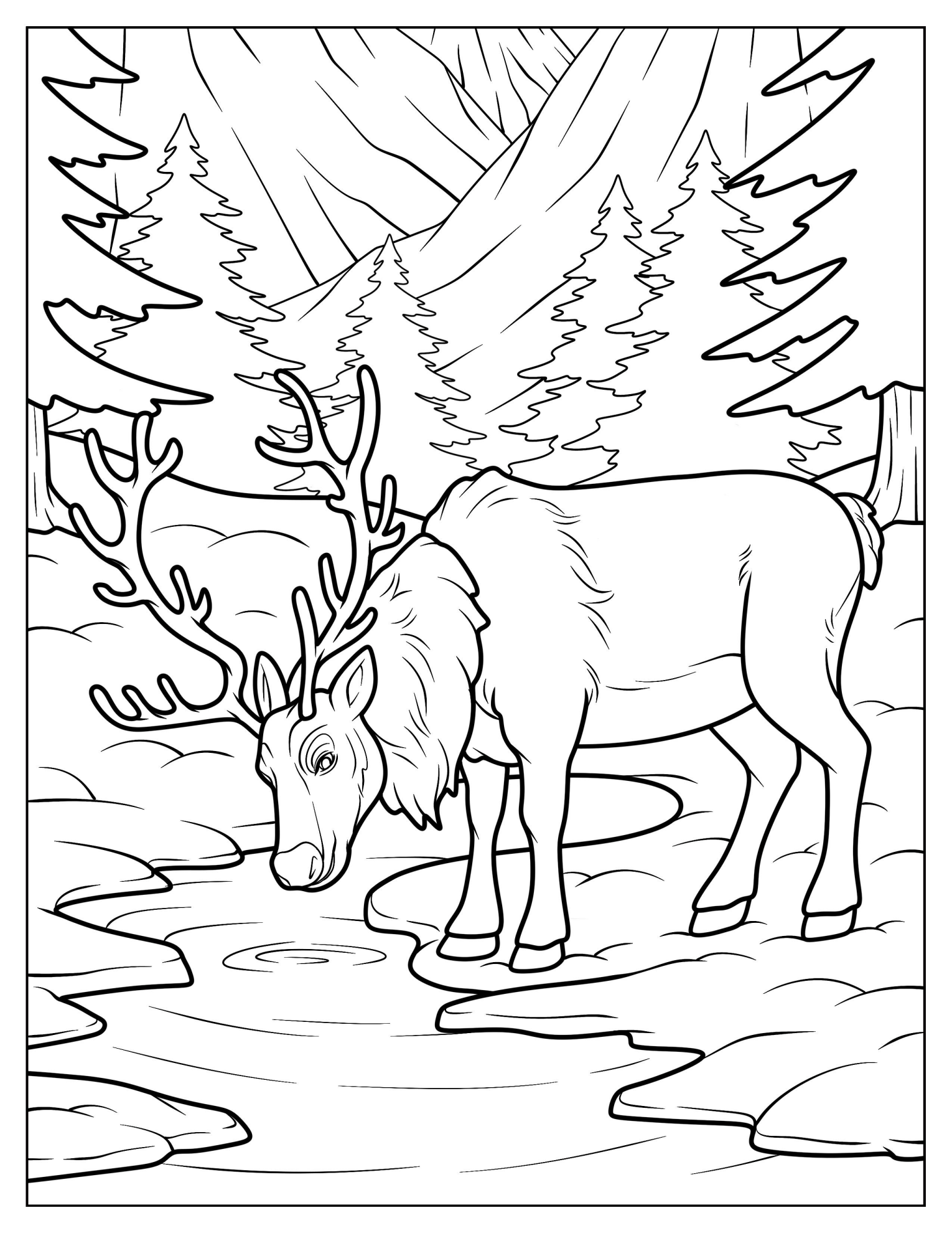 Realistic Reindeer Drinking Water from a Stream
