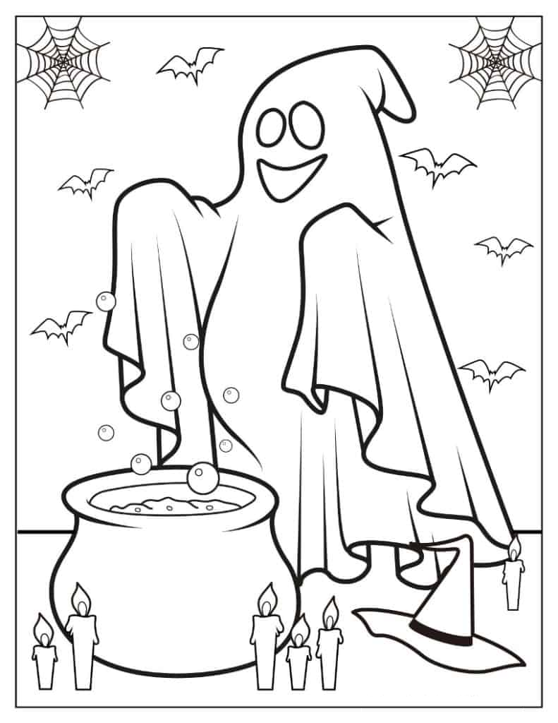 Halloween Coloring Page of Ghost In Front Of Witch_s Cauldron