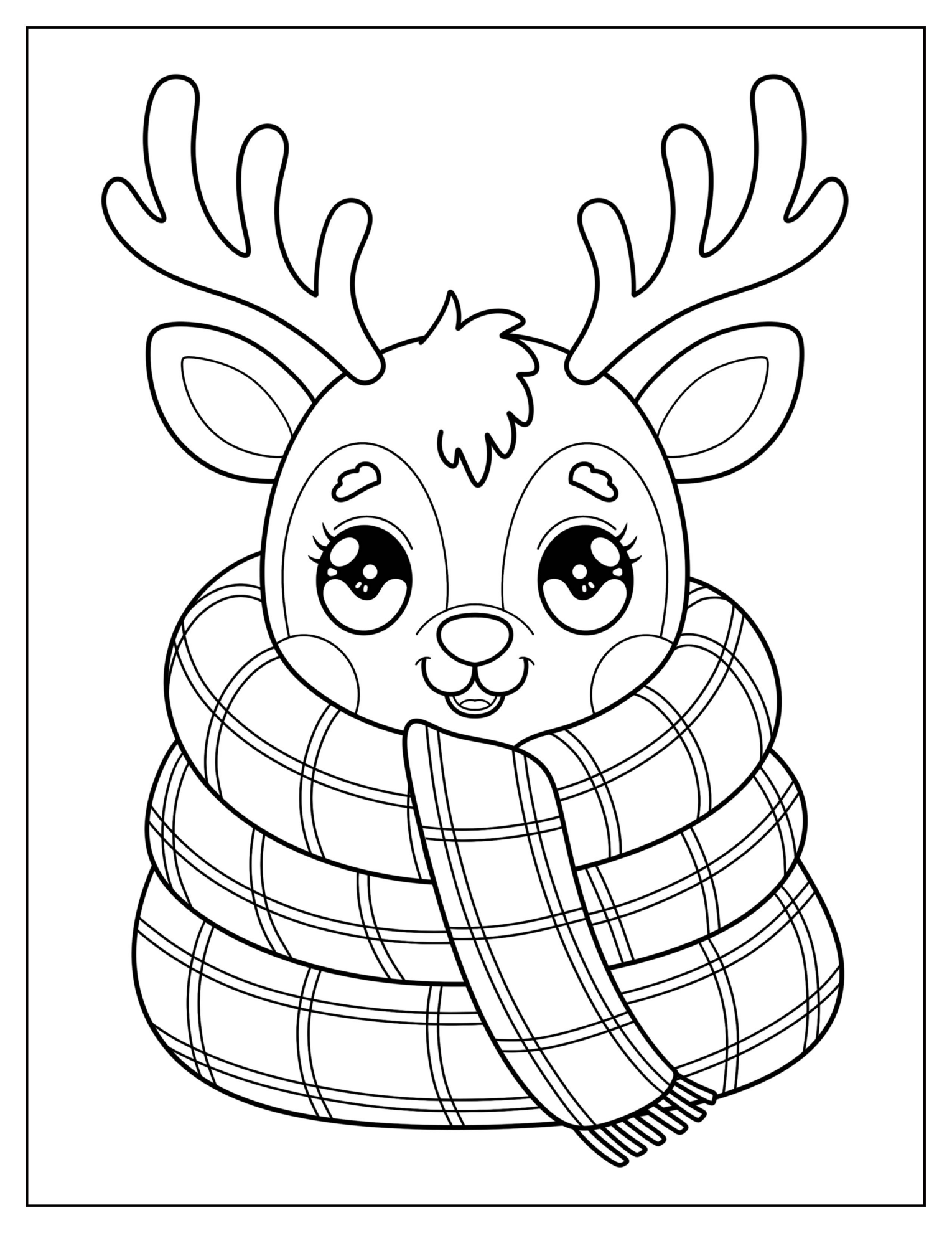 Baby Reindeer Bundled in a Plaid Scarf Coloring Page for Preschoolers