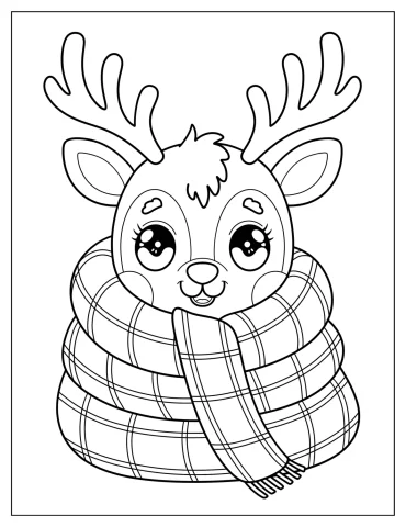 Baby Reindeer Bundled in a Plaid Scarf Coloring Page for Preschoolers
