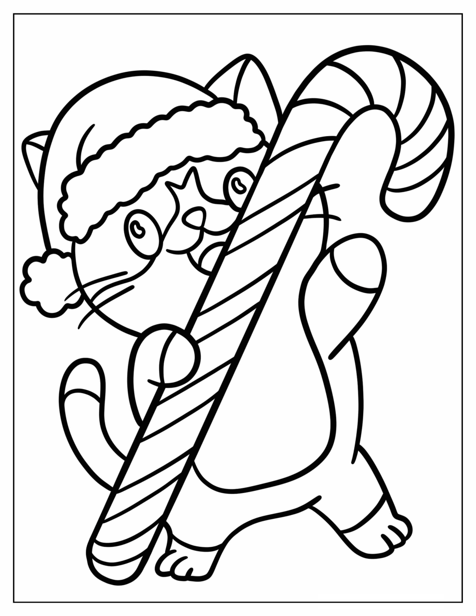 Kawaii Cat With Santa Hat Holding A Candy Cane Coloring Page For Preschoolers