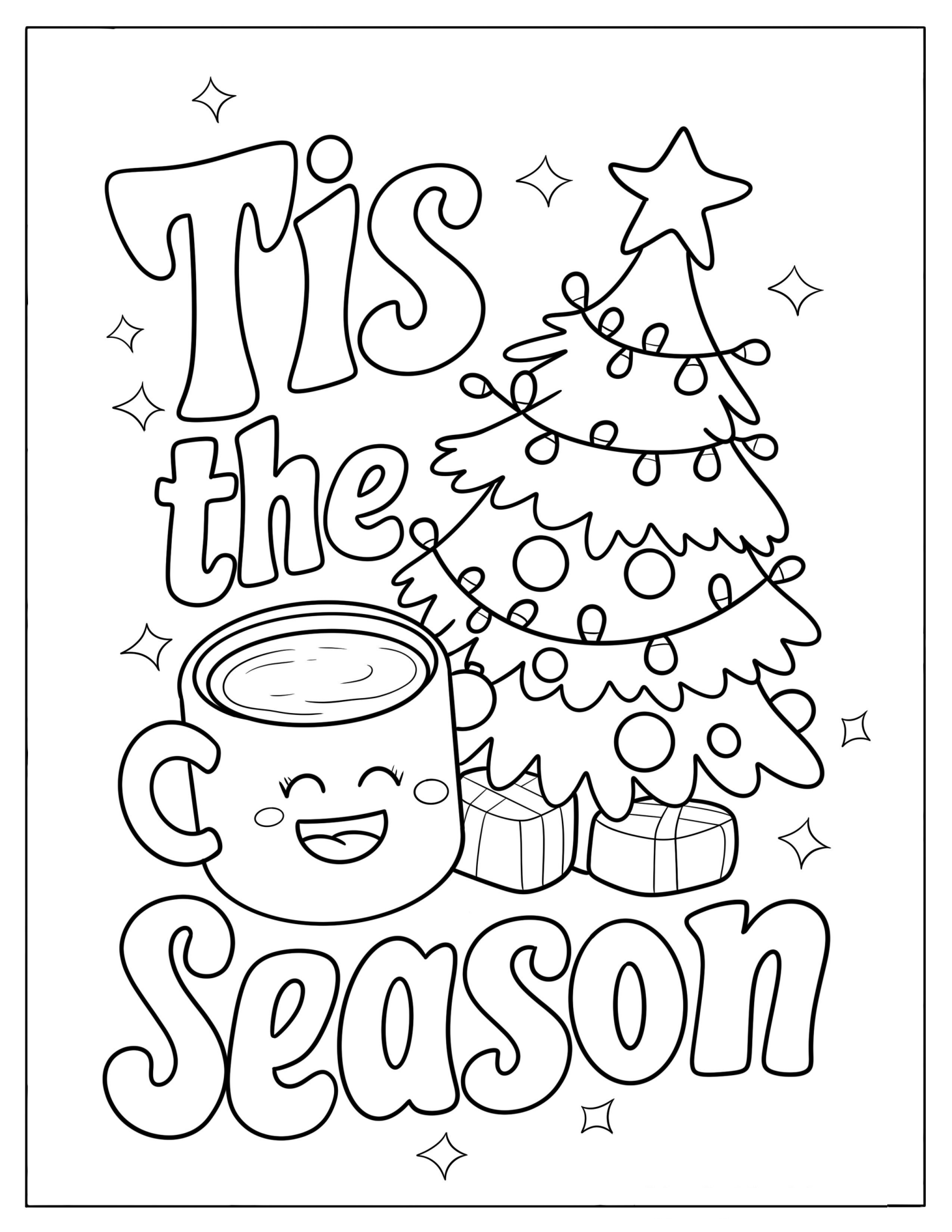 This is the Season Text with Christmas Tree and Smiling Mug Coloring Page for Kids