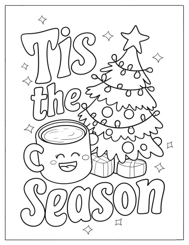 This is the Season Text with Christmas Tree and Smiling Mug Coloring Page for Kids