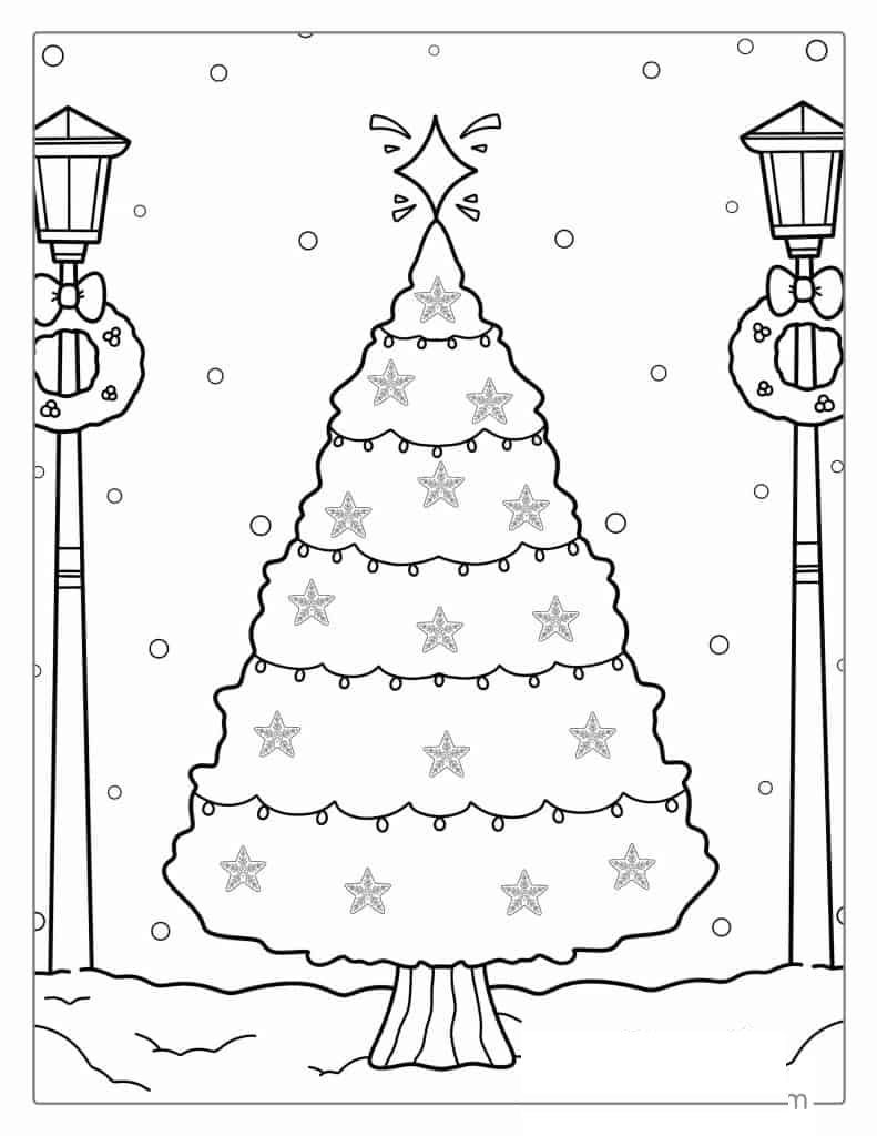 Christmas Tree In The Snow With Lamp Posts