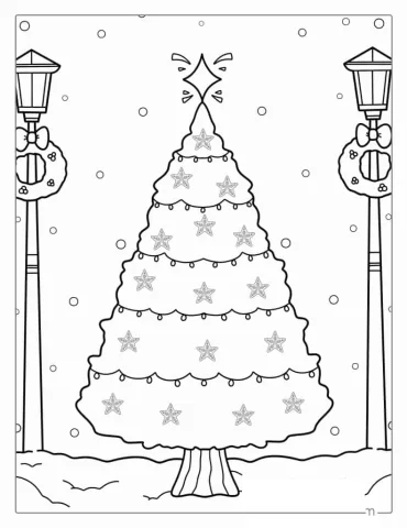 Christmas Tree In The Snow With Lamp Posts