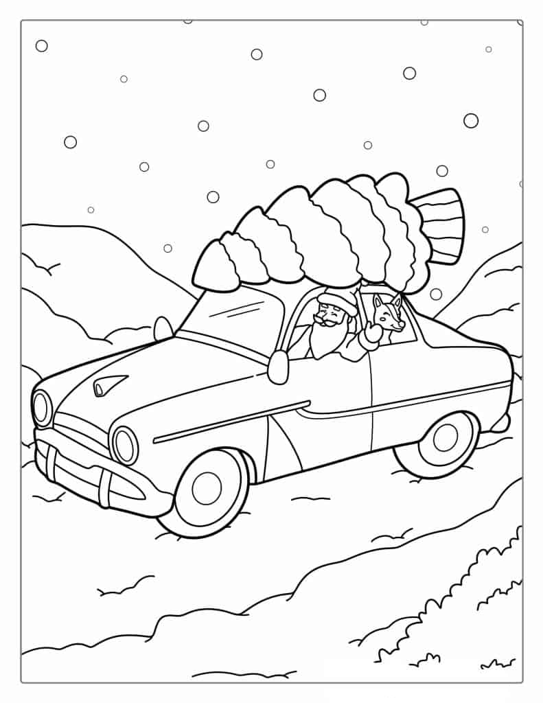 Santa With Christmas Tree On Car