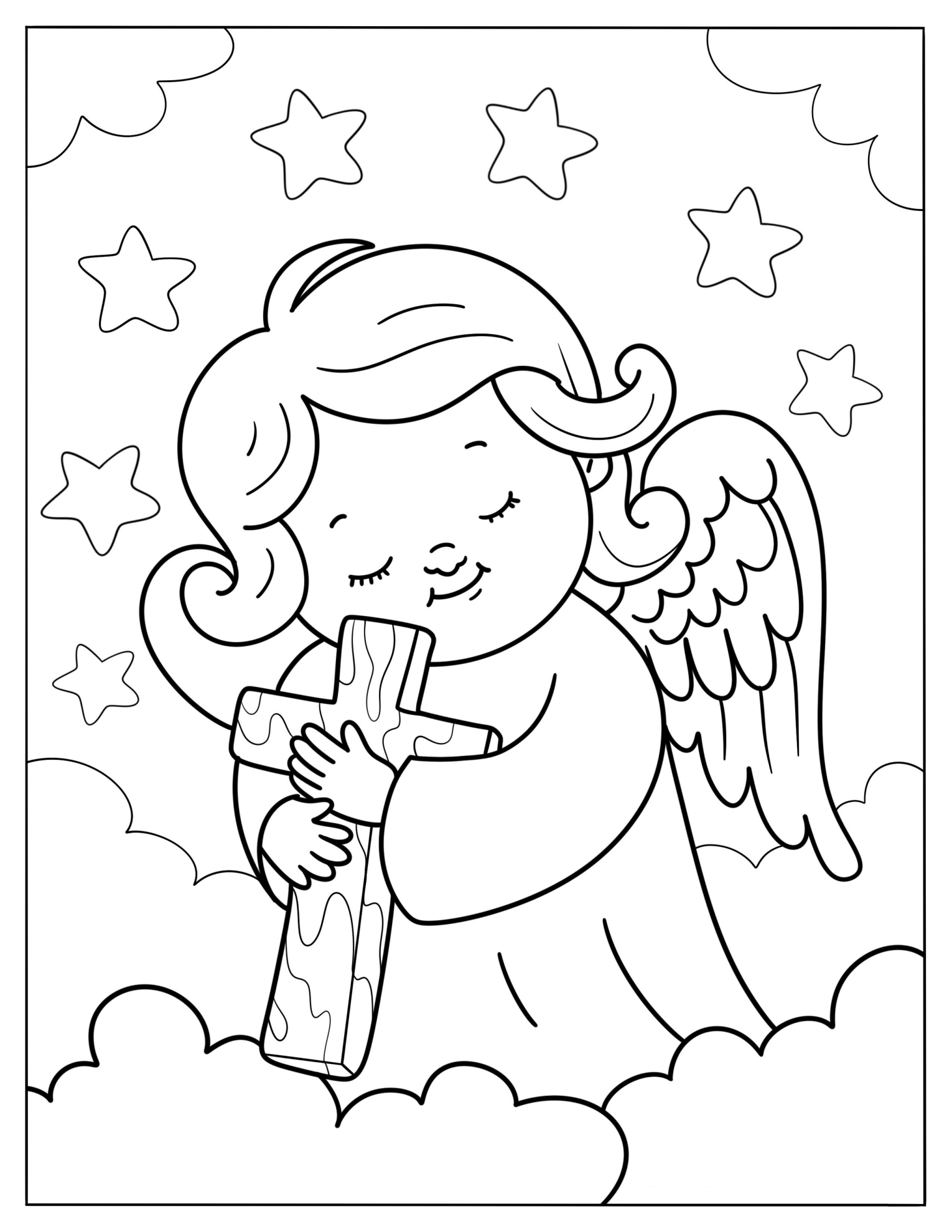 Adorable Angel Hugging A Cross In The Sky Coloring Sheet For Kids