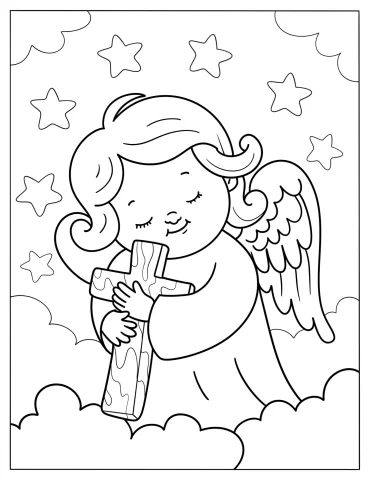 Adorable Angel Hugging A Cross In The Sky Coloring Sheet For Kids