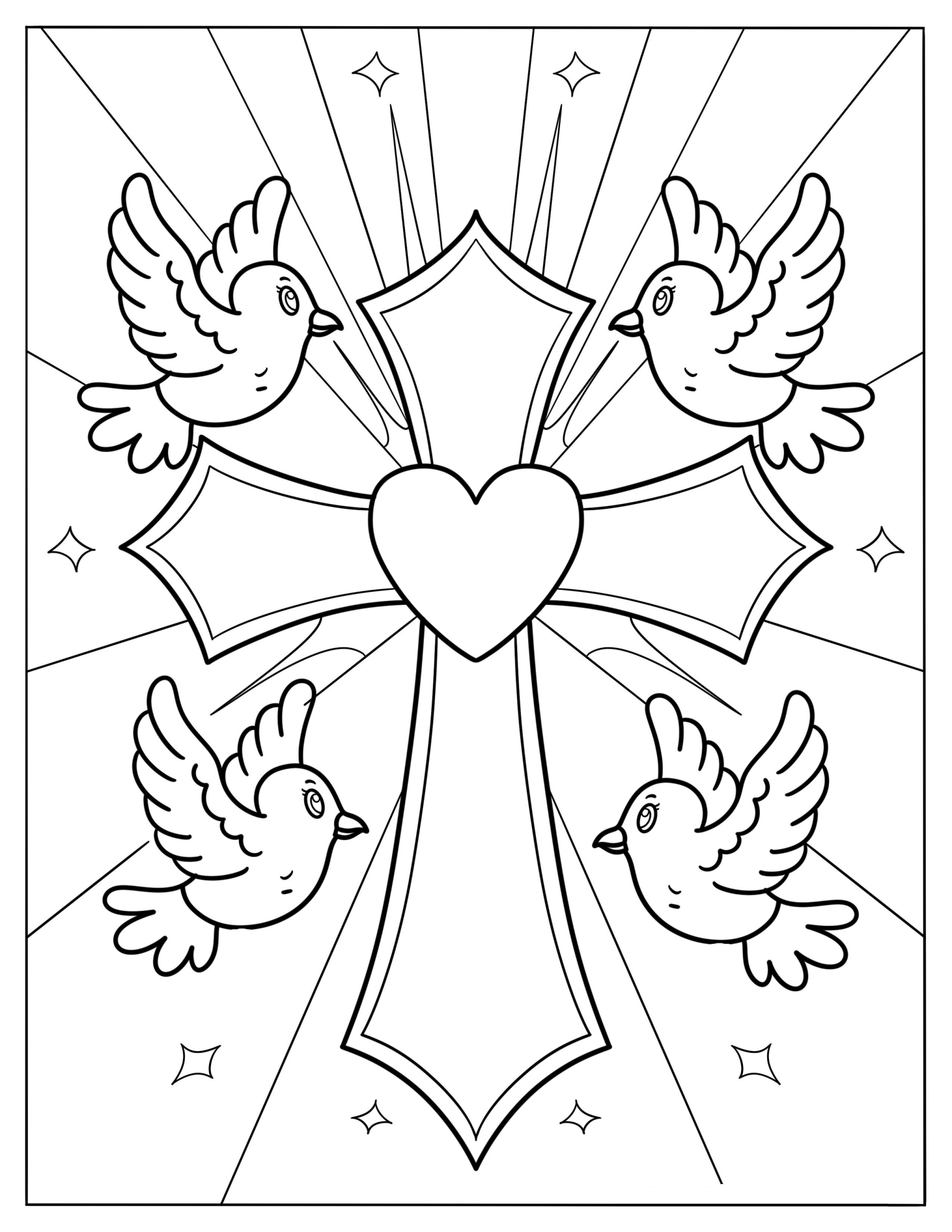 Cute Little Birds Surrounding A Cross Coloring Sheet For Kids