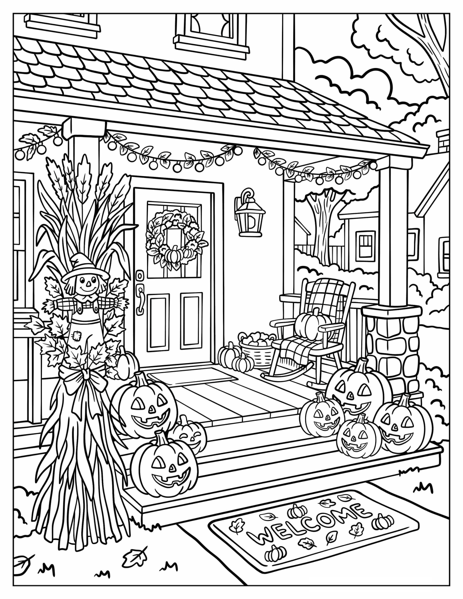 Jack O’ Lanterns Decorating a Fall Front Porch Coloring Page