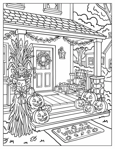 Jack O’ Lanterns Decorating a Fall Front Porch Coloring Page