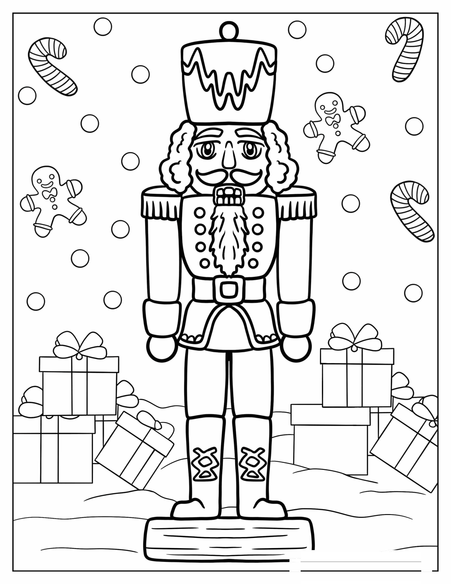 Nutcracker Surrounded By Presents, Gingerbread Men, And Candy Canes Coloring Page