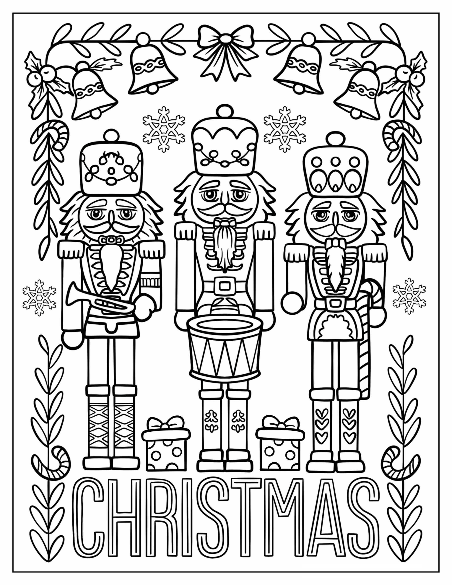 Nutcracker Guards With Laurels And Snowflakes In The Background