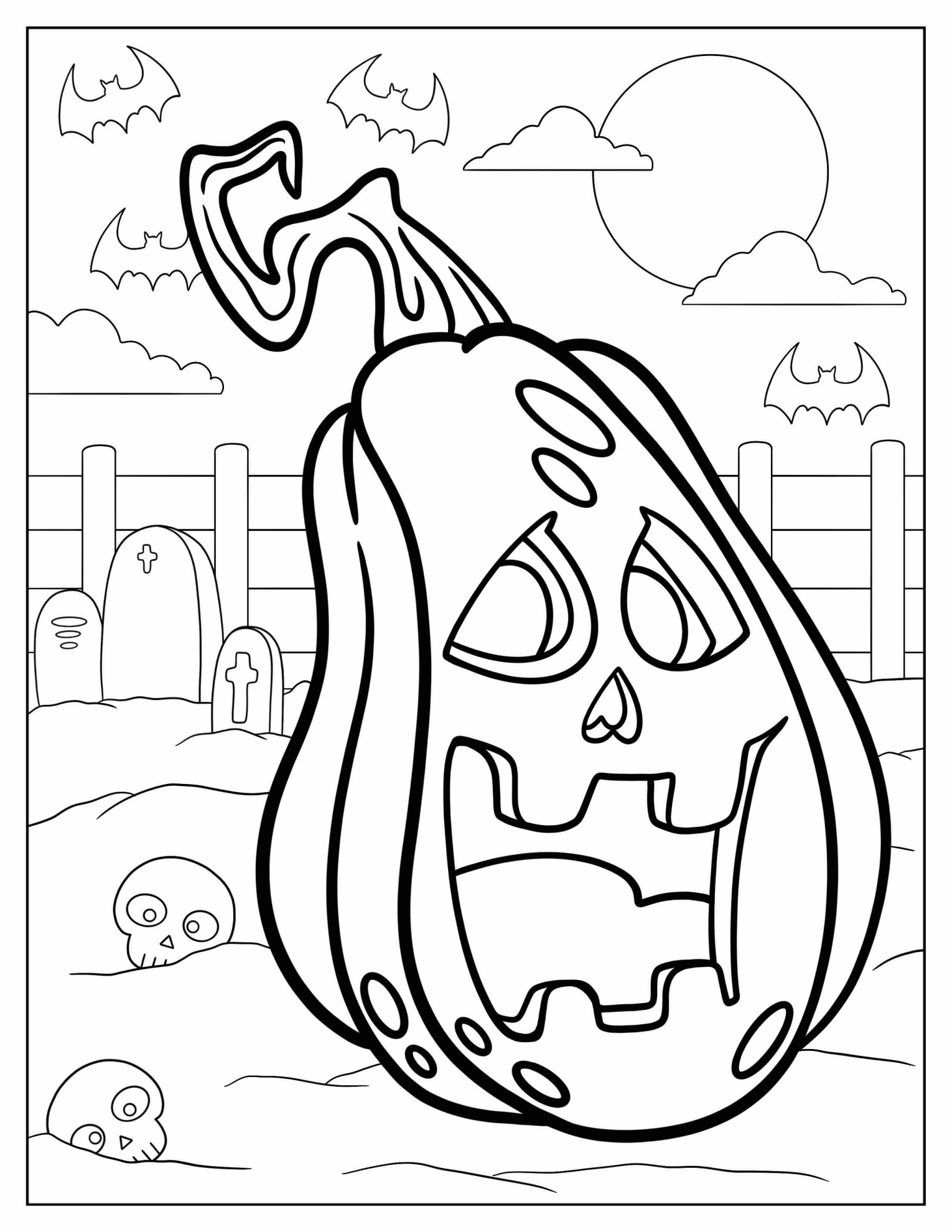 Spooky Jack O Lantern In Graveyard To Color
