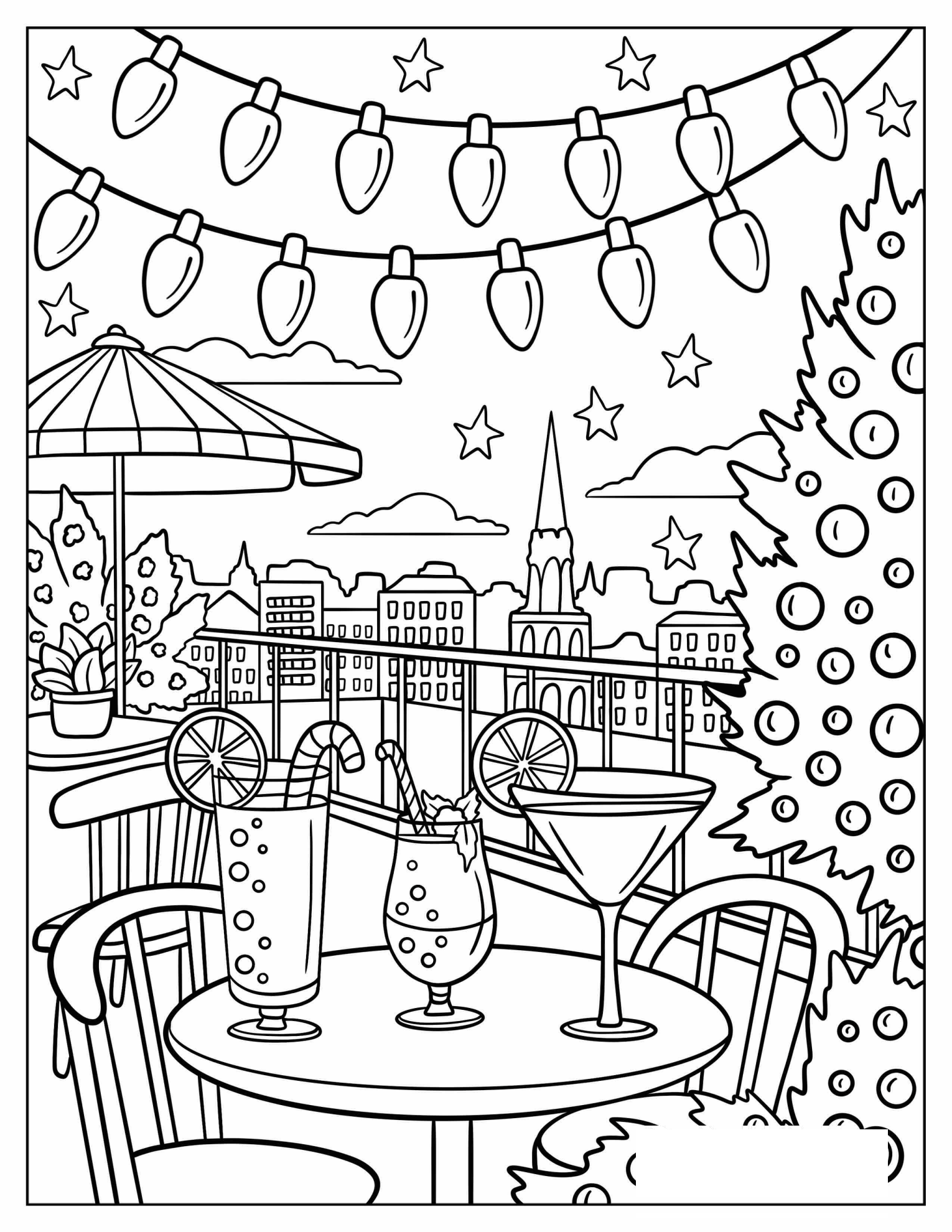 Rooftop Dining with Cocktails and Christmas Lights Overhead Coloring Sheet