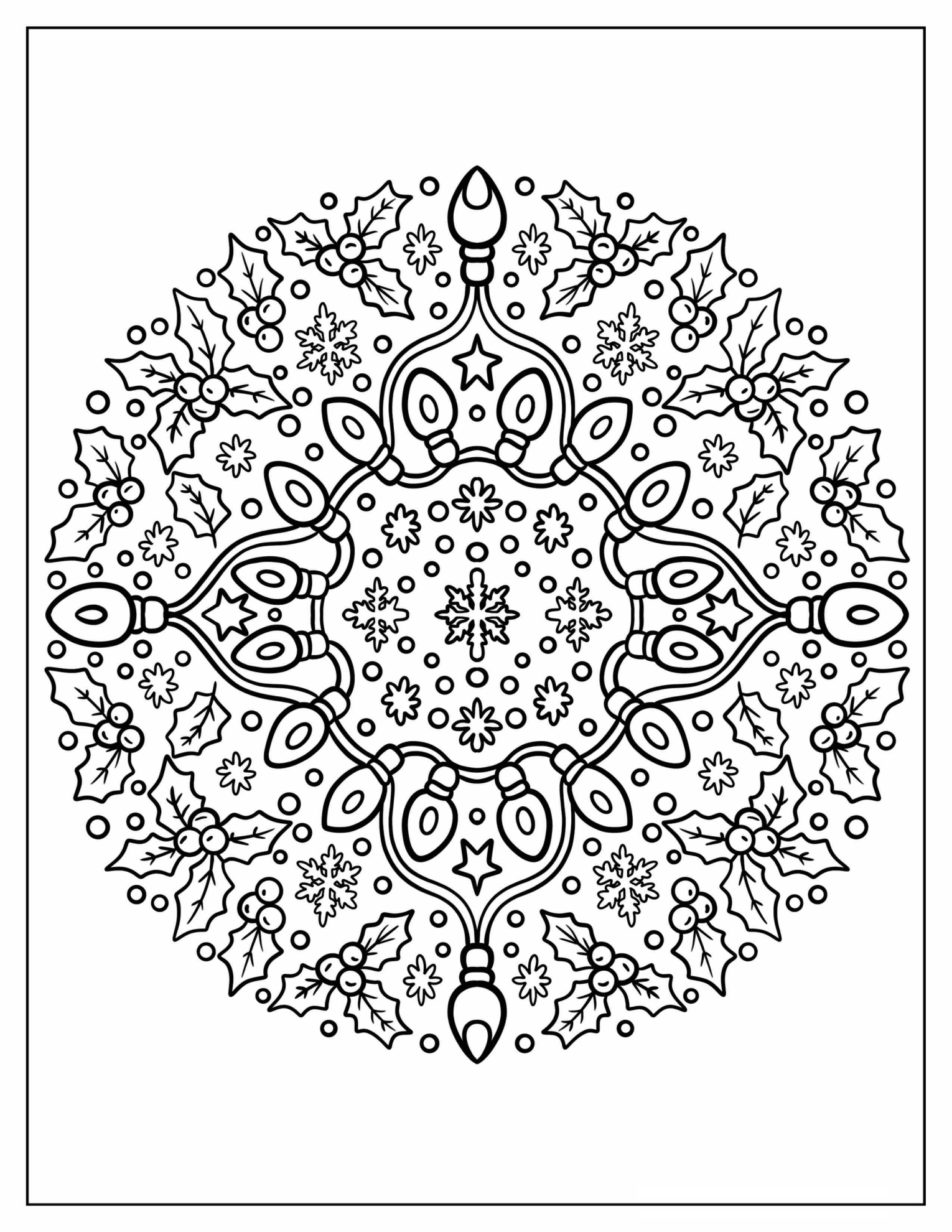 Elegant Christmas Lights Mandala with Hollies Coloring Page
