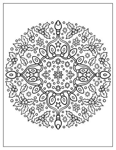 Elegant Christmas Lights Mandala with Hollies Coloring Page