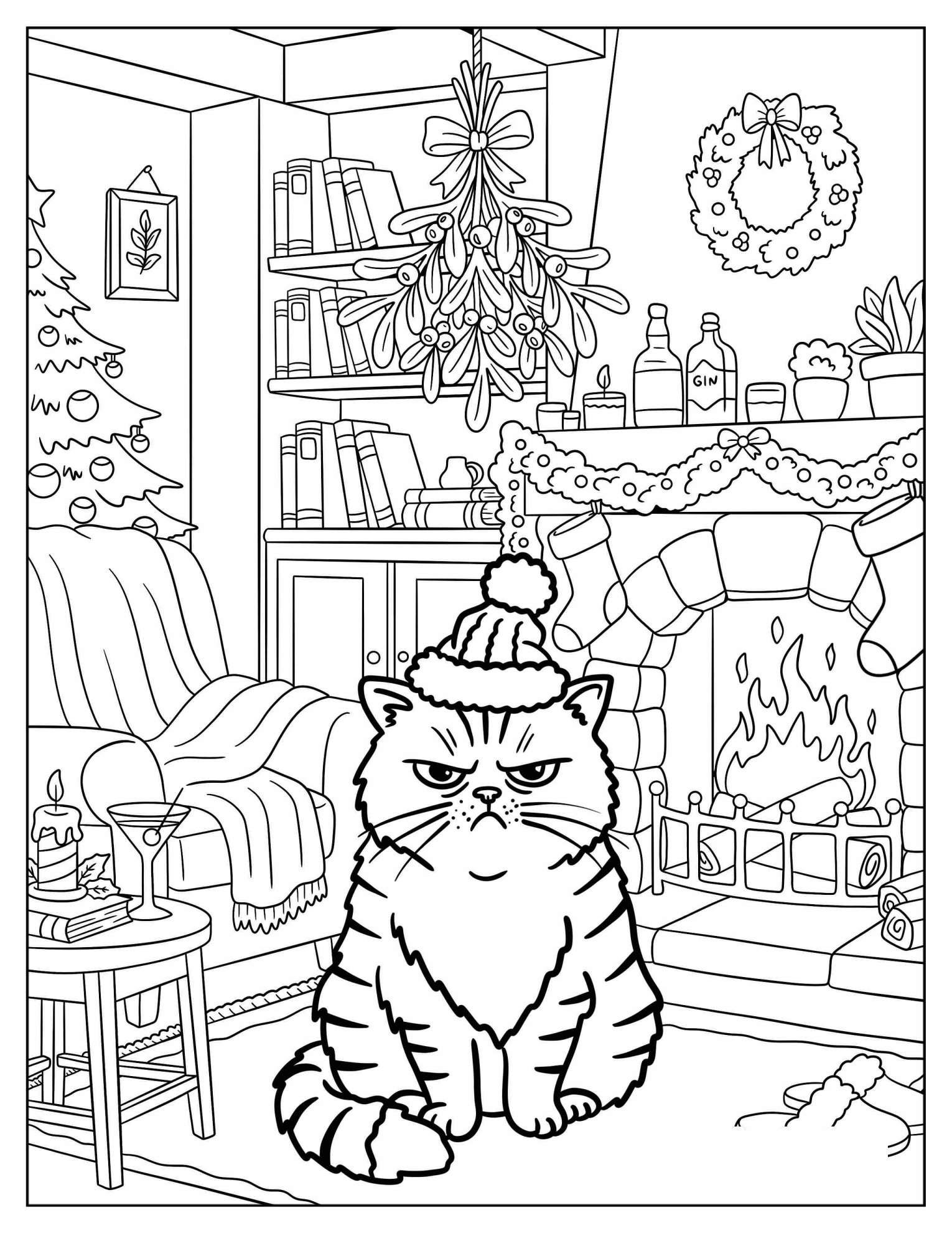 Grumpy Christmas Cat Wearing a Santa Hat by the Fireplace Christmas for Adults Coloring Page