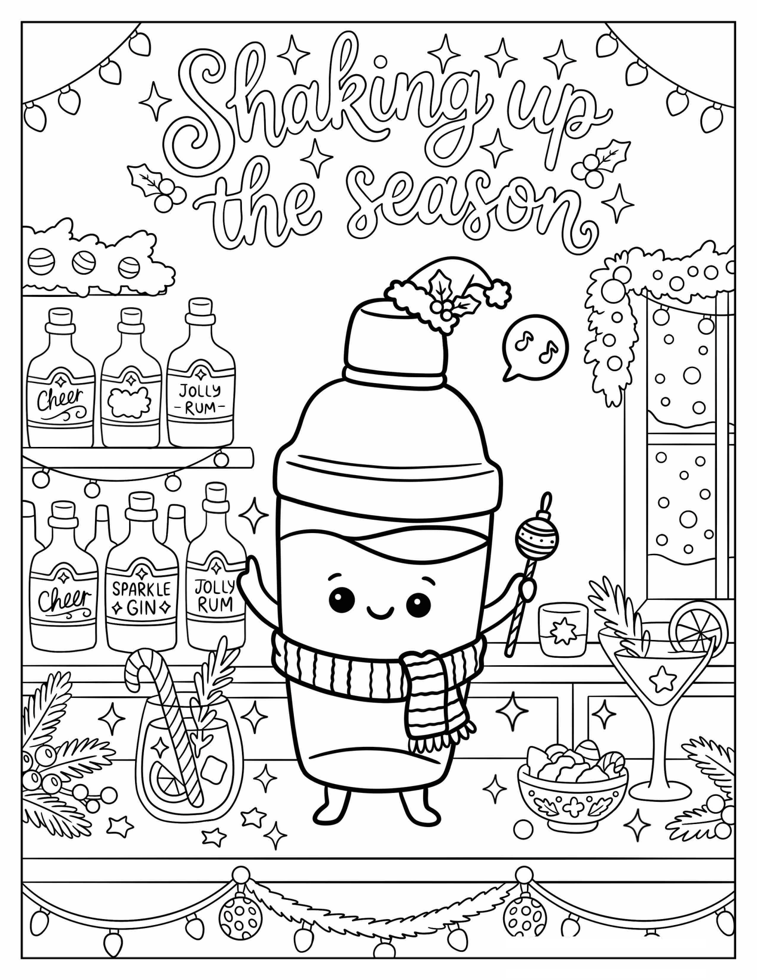 Cocktail Shaker with a Santa Hat and Holiday Cocktail Christmas for Adults Coloring Page