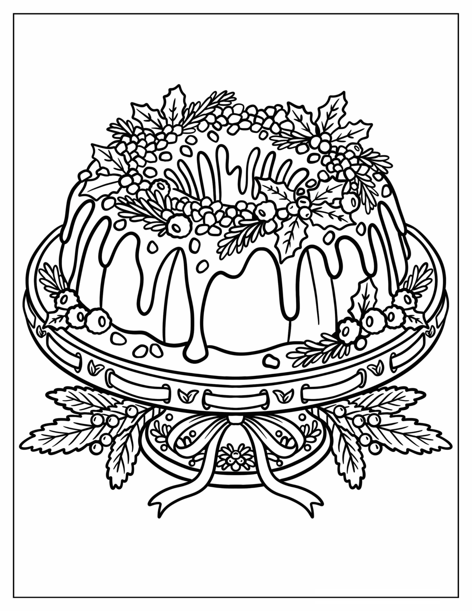 Christmas Bundt Cake with Holly, Berries, and Festive Wreath Decorations