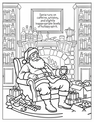 Santa Claus Relaxing by the Fireplace with a Holiday Drink and Gifts Christmas for Adults Coloring Page