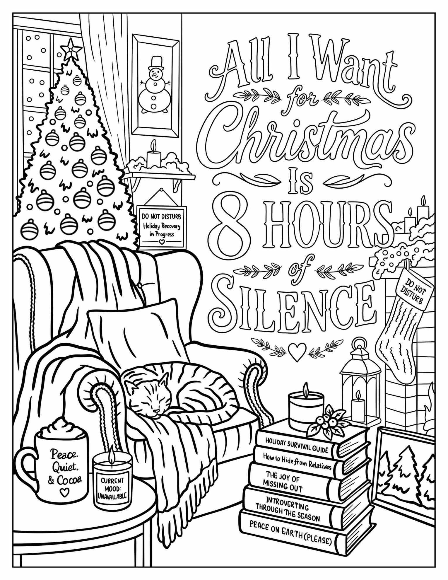 Living Room with a Christmas Tree, Cozy Cat, and Holiday Books Christmas for Adults Coloring Sheet