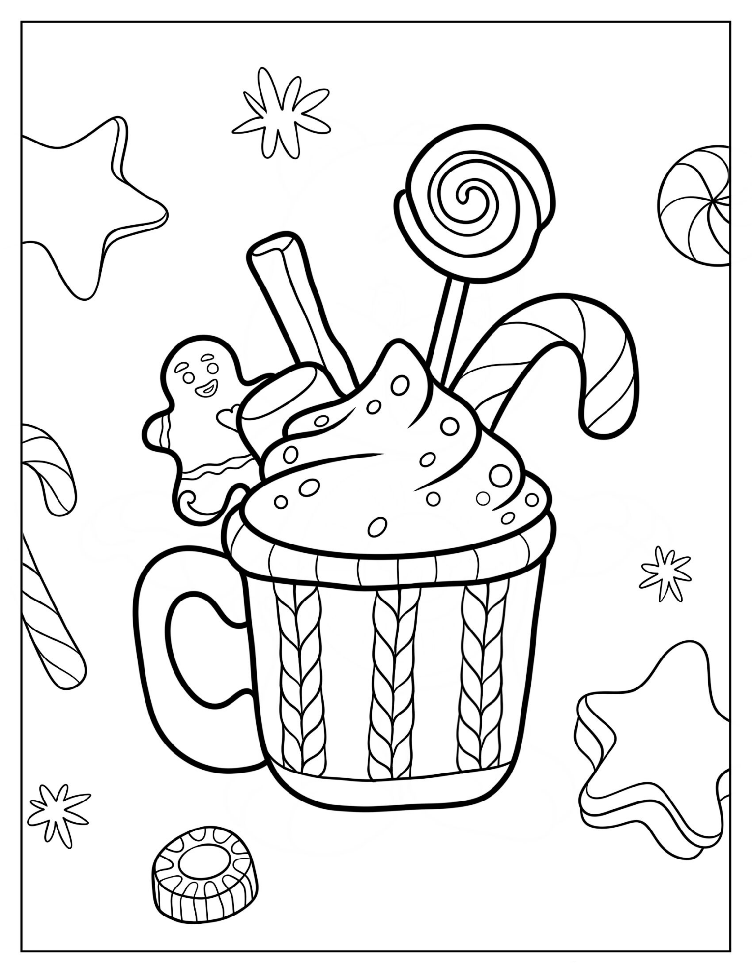 Festive Hot Chocolate Cup With Lollipop, Candy Cane, Cinnamon Stick, And Gingerbread Man