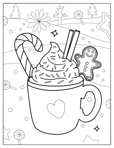 Christmas Hot Chocolate With Whipped Cream And Sweets Coloring Sheet