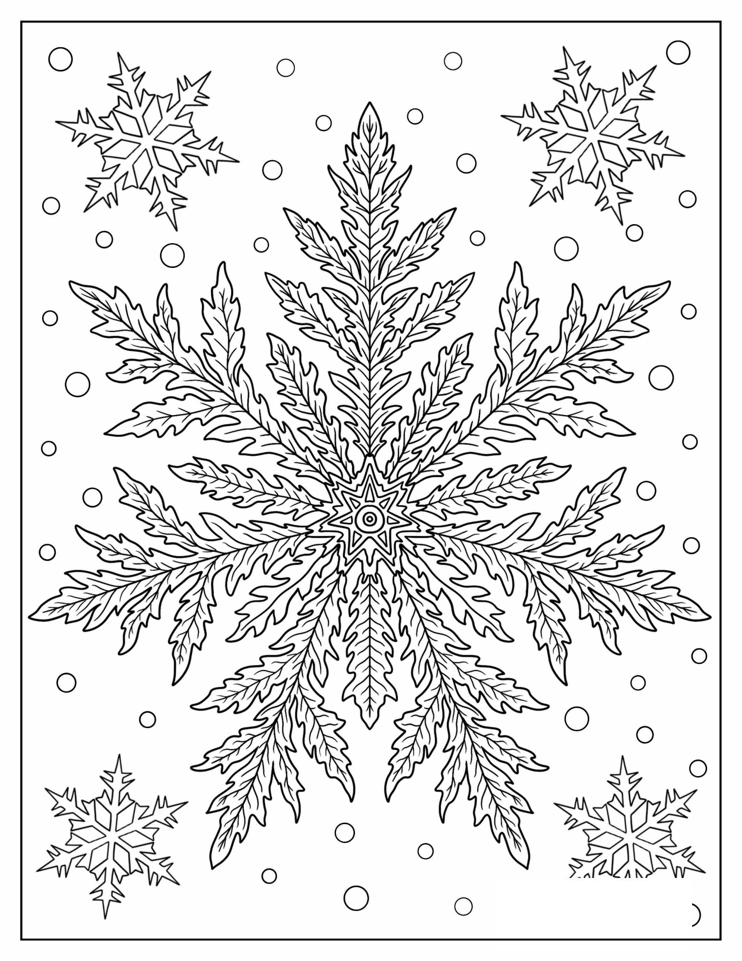 Fern Like Stellar Dendrite Snowflake with Radiating Arms Coloring Sheet