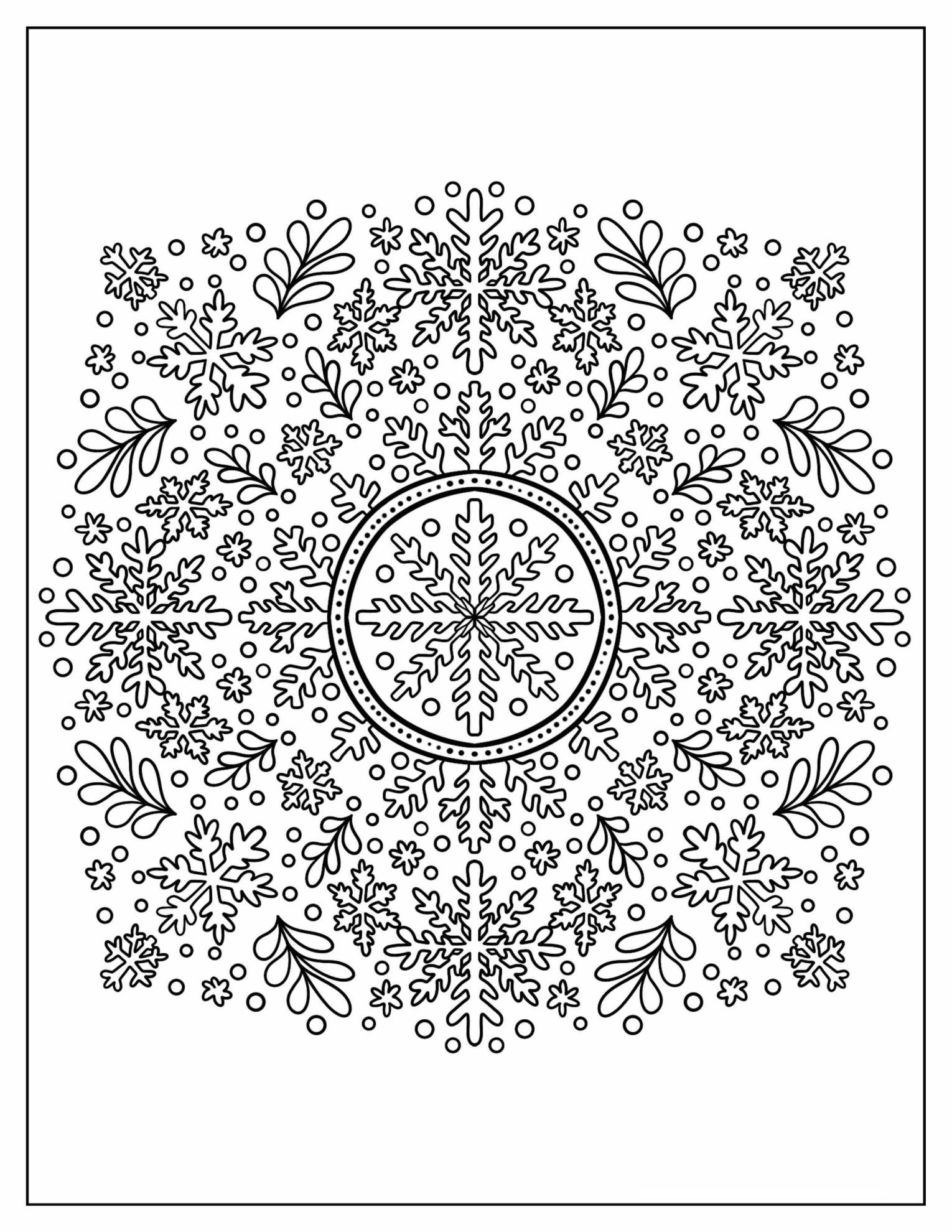 Snowflake Mandala with Leaves Coloring Sheet