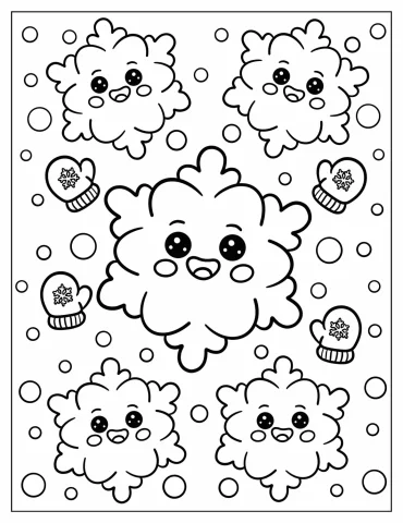 Kawaii Snowflake Characters and Polka Dots Coloring Sheet for Preschoolers