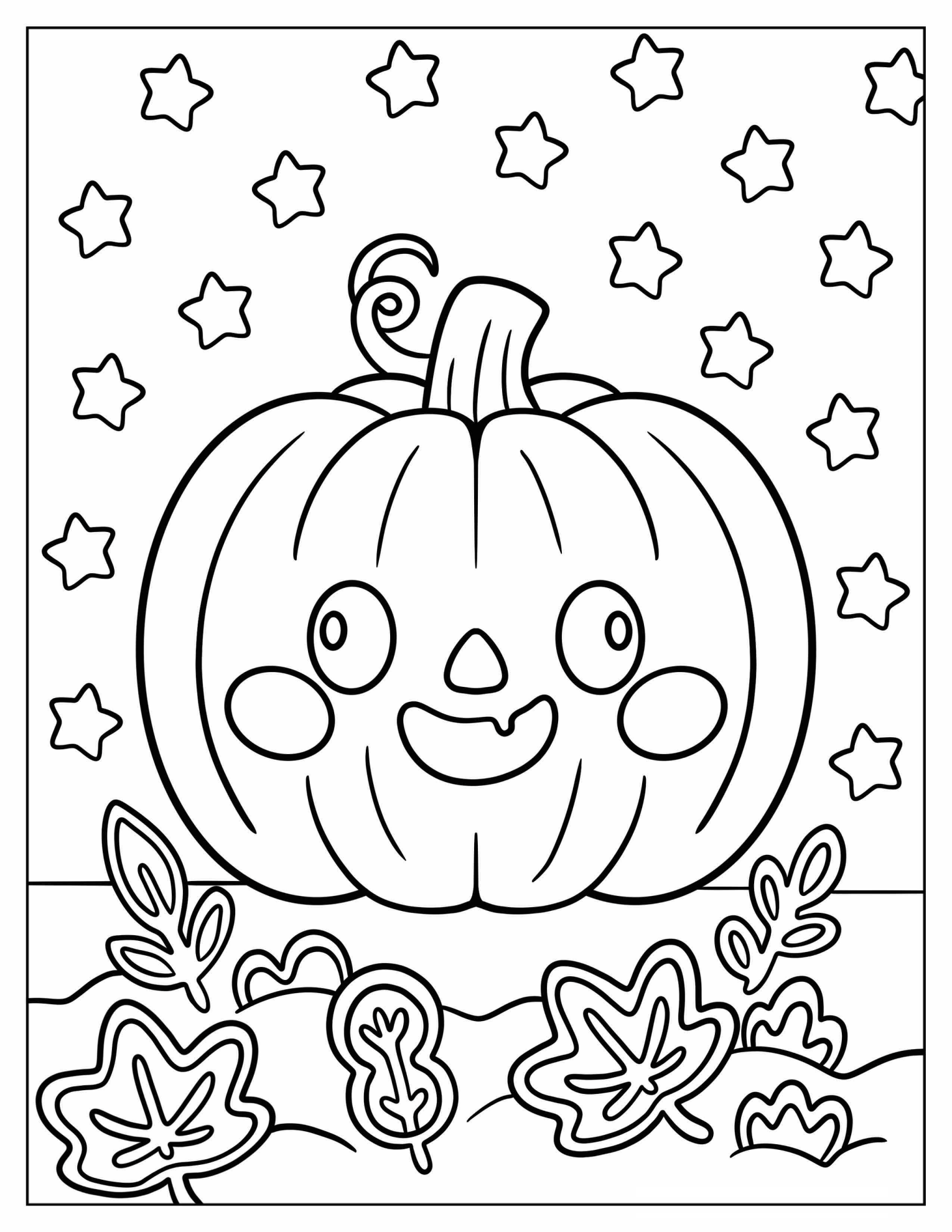 Smiling Jack O Lantern with Blushing Cheeks and Stars in Night Sky Coloring Page For Preschoolers