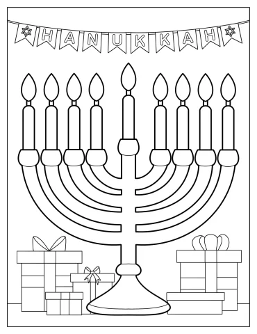 Easy Menorah Outline With Hanukkah Banner On Top Coloring Page