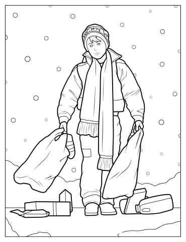 Kevin McCallister Walking In The Snow With Plastic Bags Coloring Page