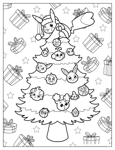 Pikachu On Top Of A Christmas Tree With Pokemon Ornaments