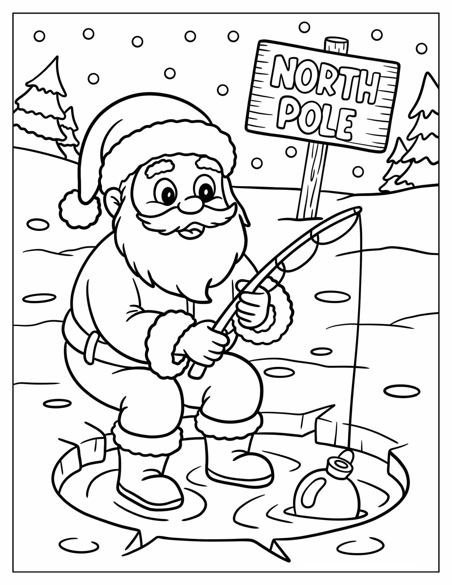 Chibi Santa Ice Fishing Coloring Page for Kids