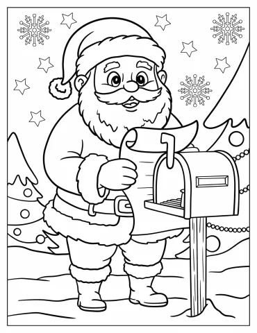 Santa Checking Christmas Mail at the North Pole Coloring Page for Kids