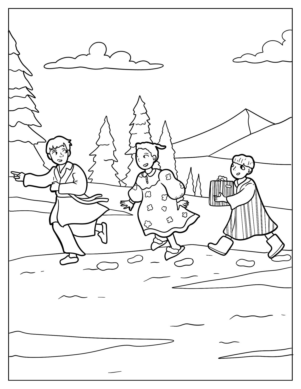 Lonely Boy And Hero Girl Chasing Hero Boy In The Snow Coloring Page