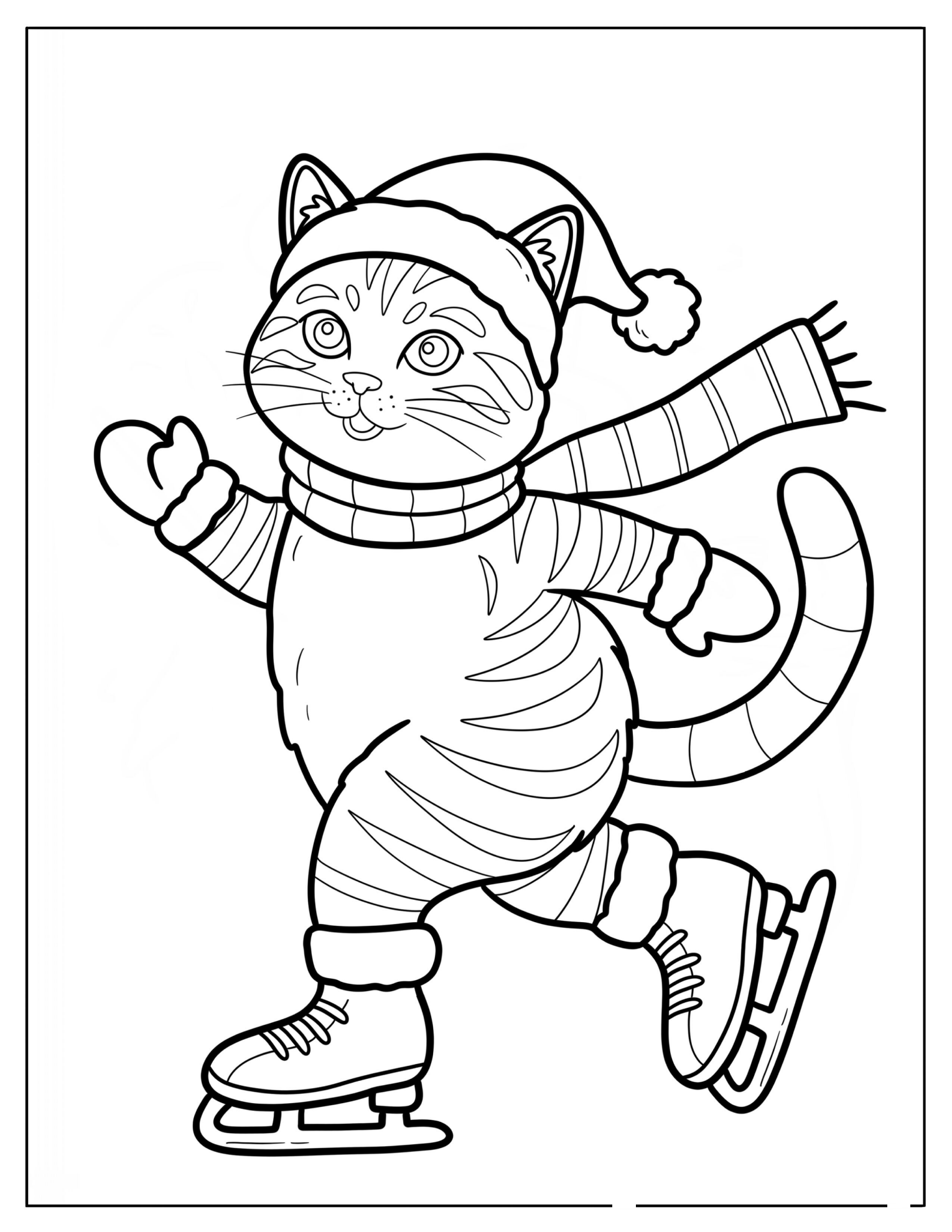 Striped Christmas Cat on Ice Skates Coloring Page