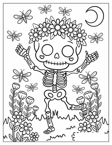 Happy Skeleton in a Flower Crown Dancing Among Dragonflie