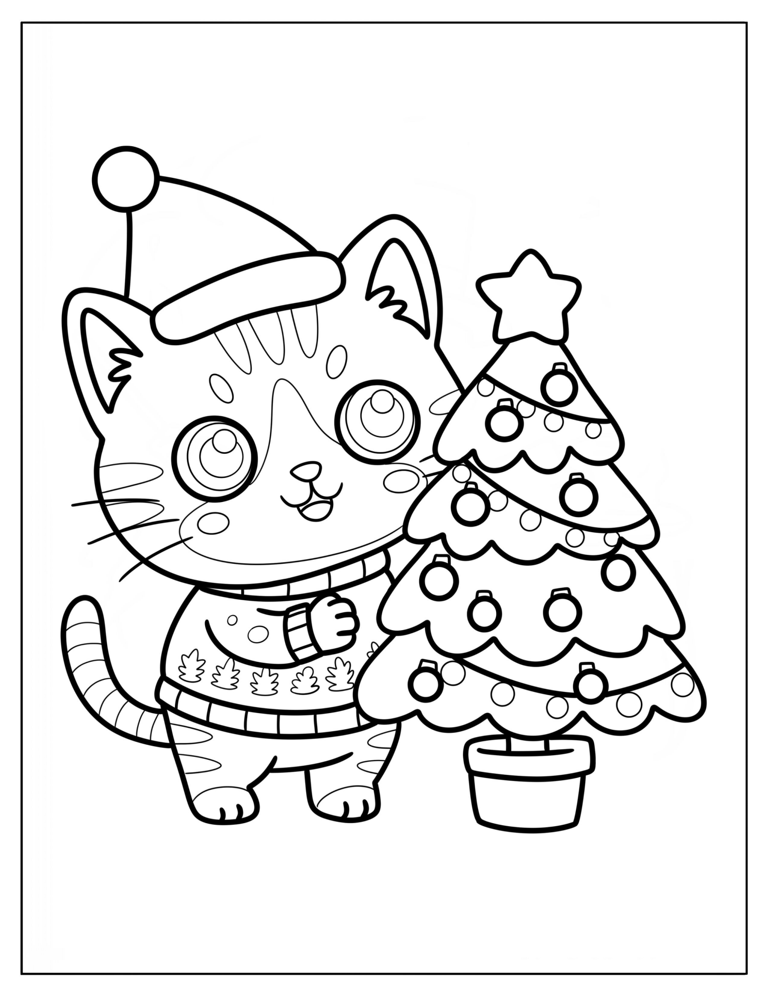 Chibi Christmas Cat Decorating the Tree Coloring Page for Preschoolers