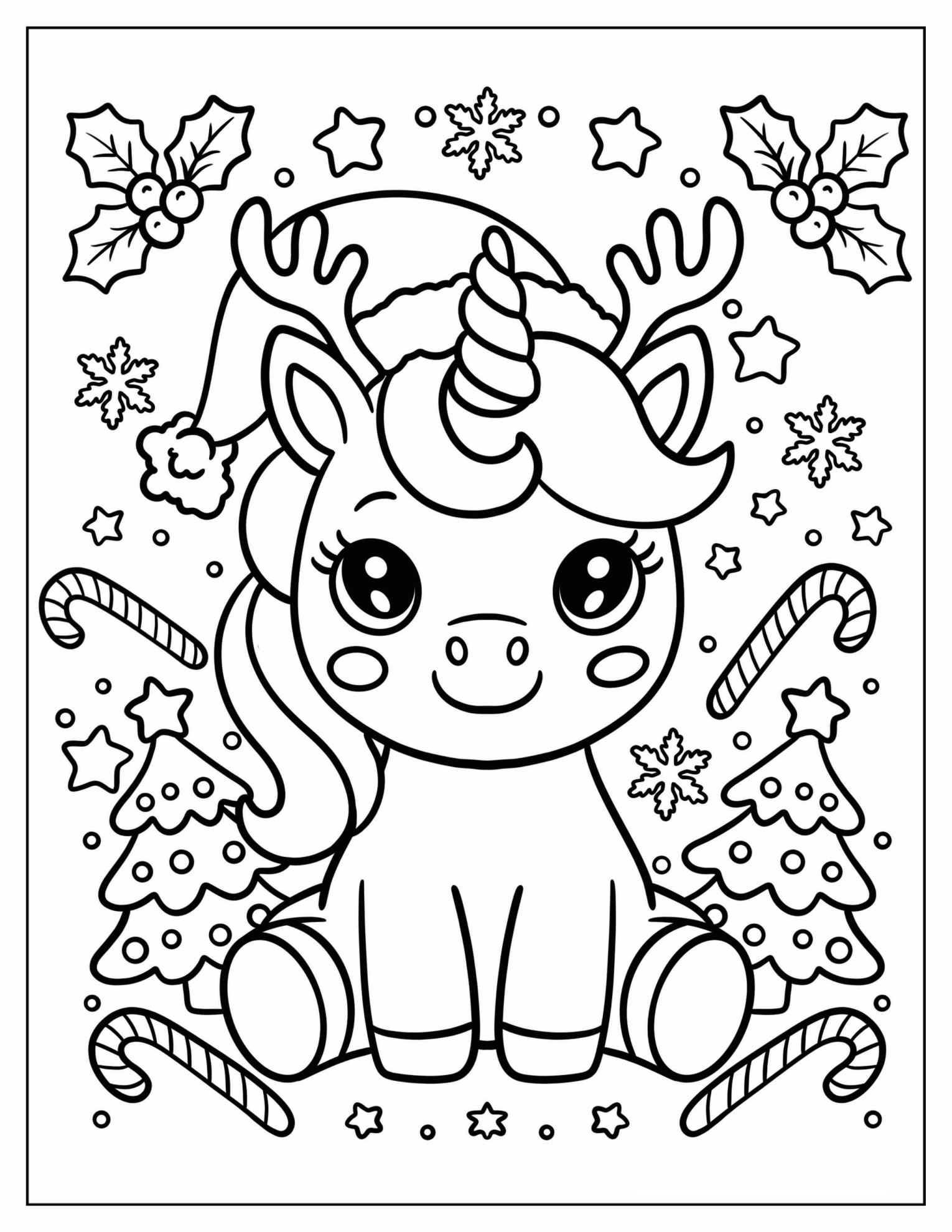 Easy Christmas Unicorn Surrounded by Candy Canes, Snowflakes, and Trees Coloring Page for Preschoolers