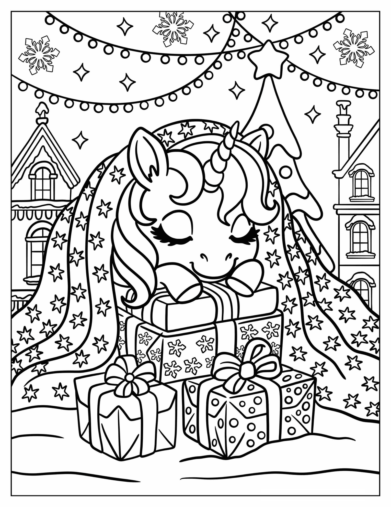 Cozy Christmas Unicorn Sleeping Under a Starry Blanket with Presents