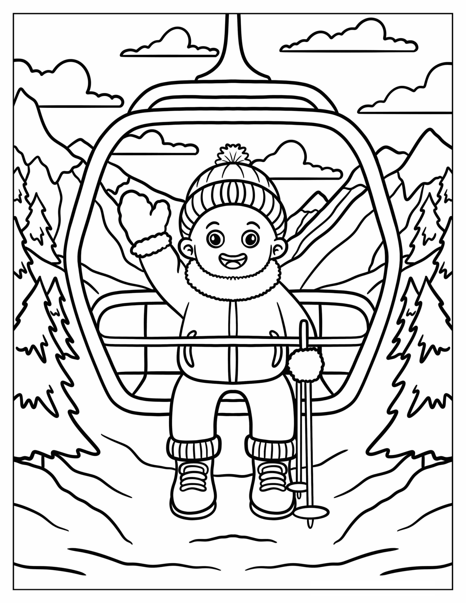 Boy in a Ski Lift Wearing Mittens and Waving Coloring Sheet for Kids